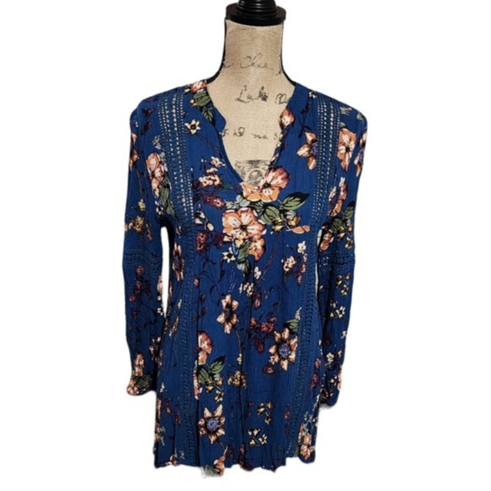 Altar'd State Blue Floral Lace Trim Boho Tunic Top Mini Dress Small BA7559